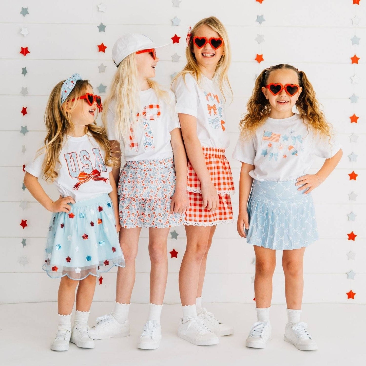 USA Stars & Bow Patch Short Sleeve Girls T-Shirt