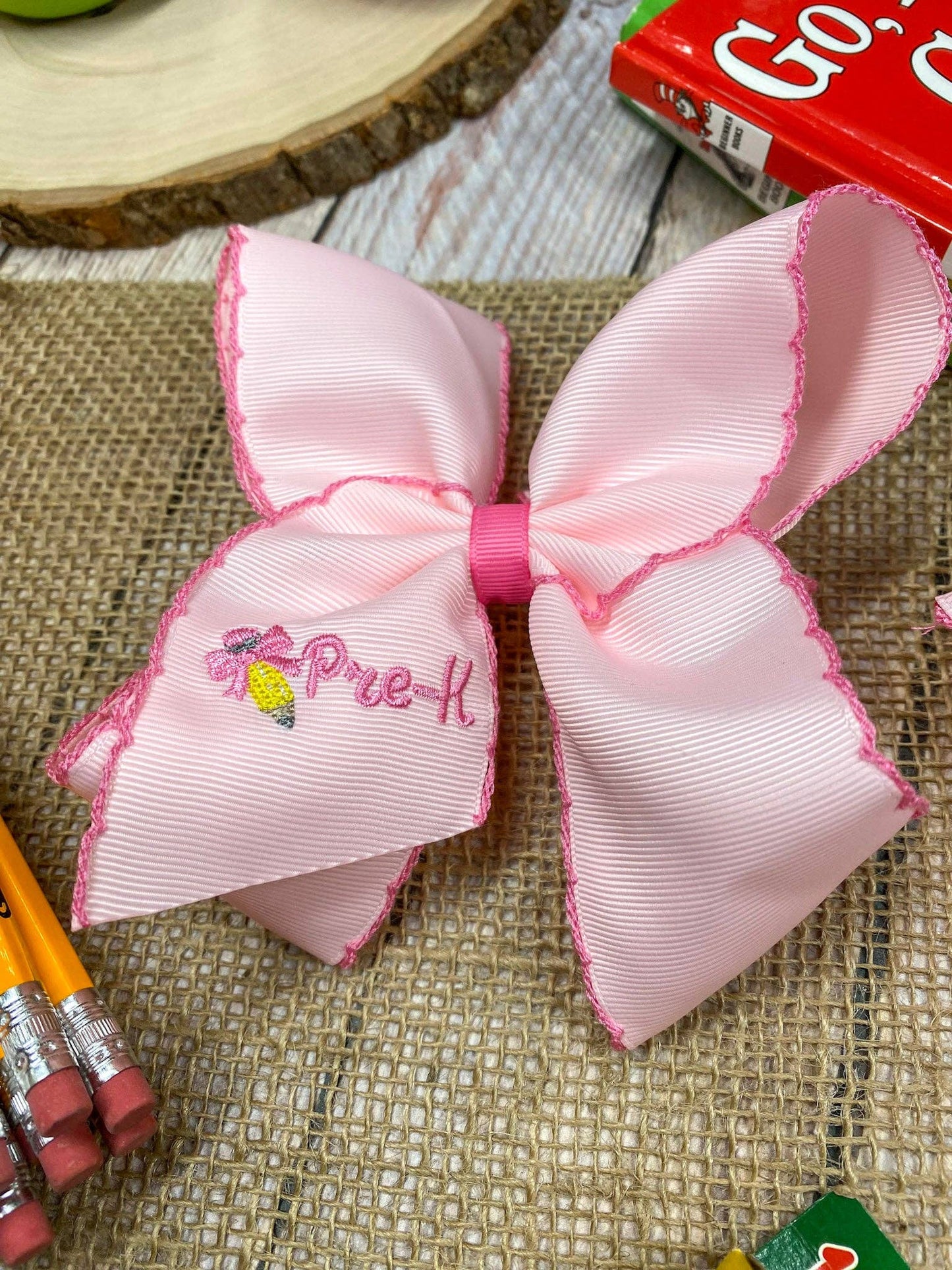 Pink First Grade Embroidered Moonstitch Hair Bow: 1st Grade