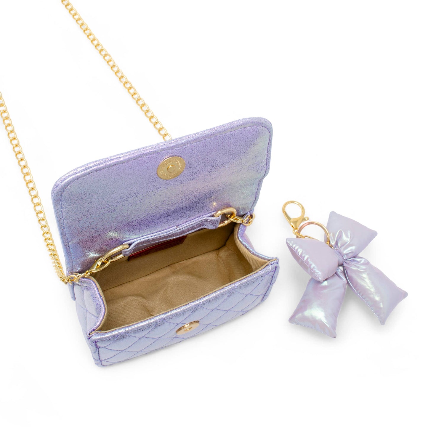 Girls Shiny Quilted Fluffy Bow Handbag: Purple