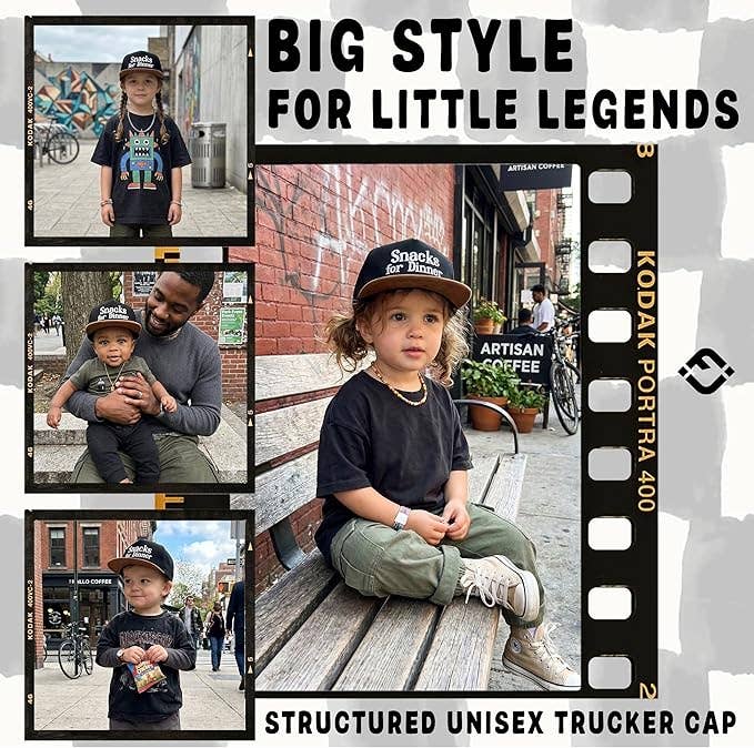 Kids Flat Brim Snacks For Dinner Hat- Black/Faux Leather