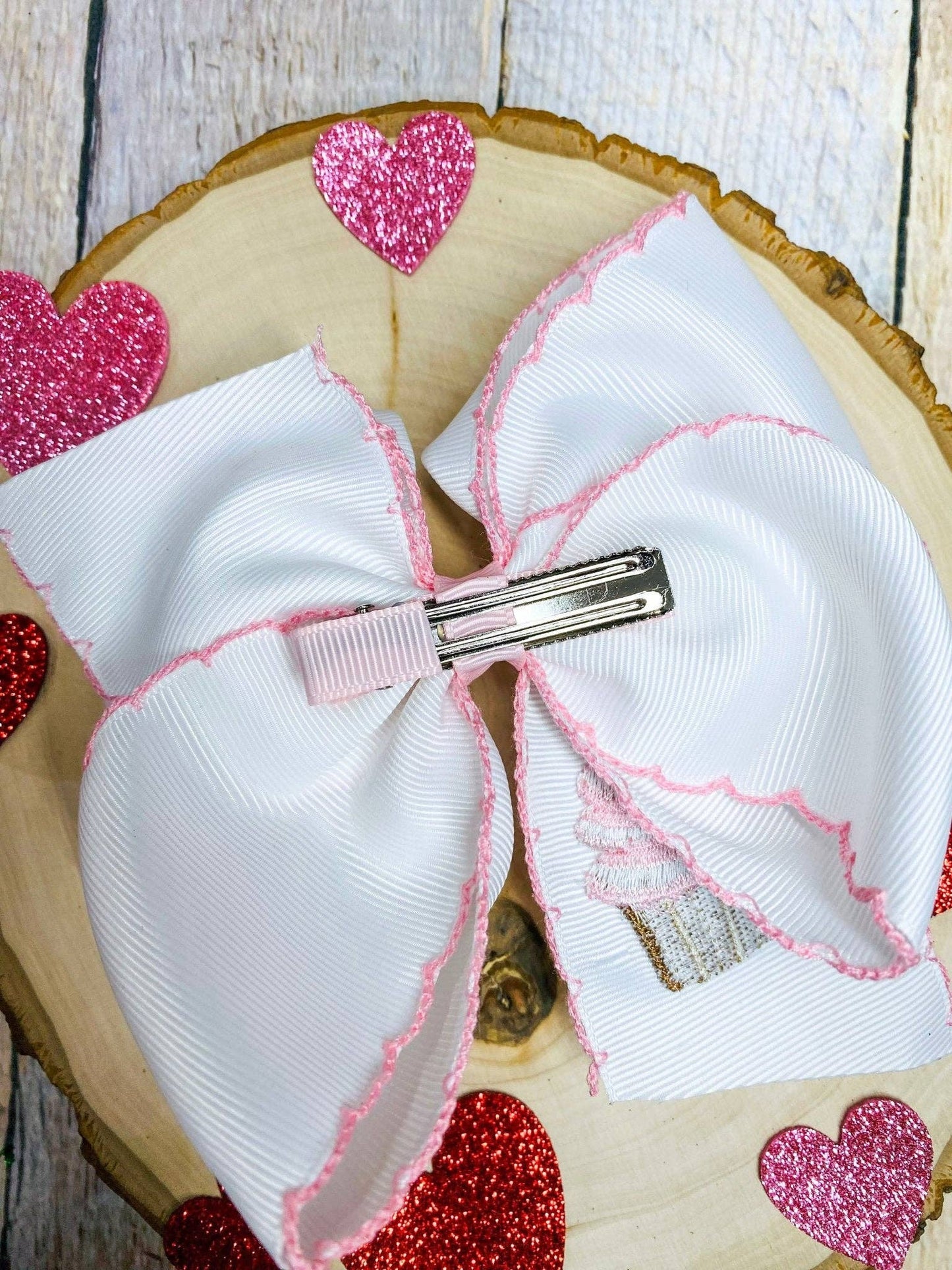 Cupcake Embroidered Moonstitch Hair Bow