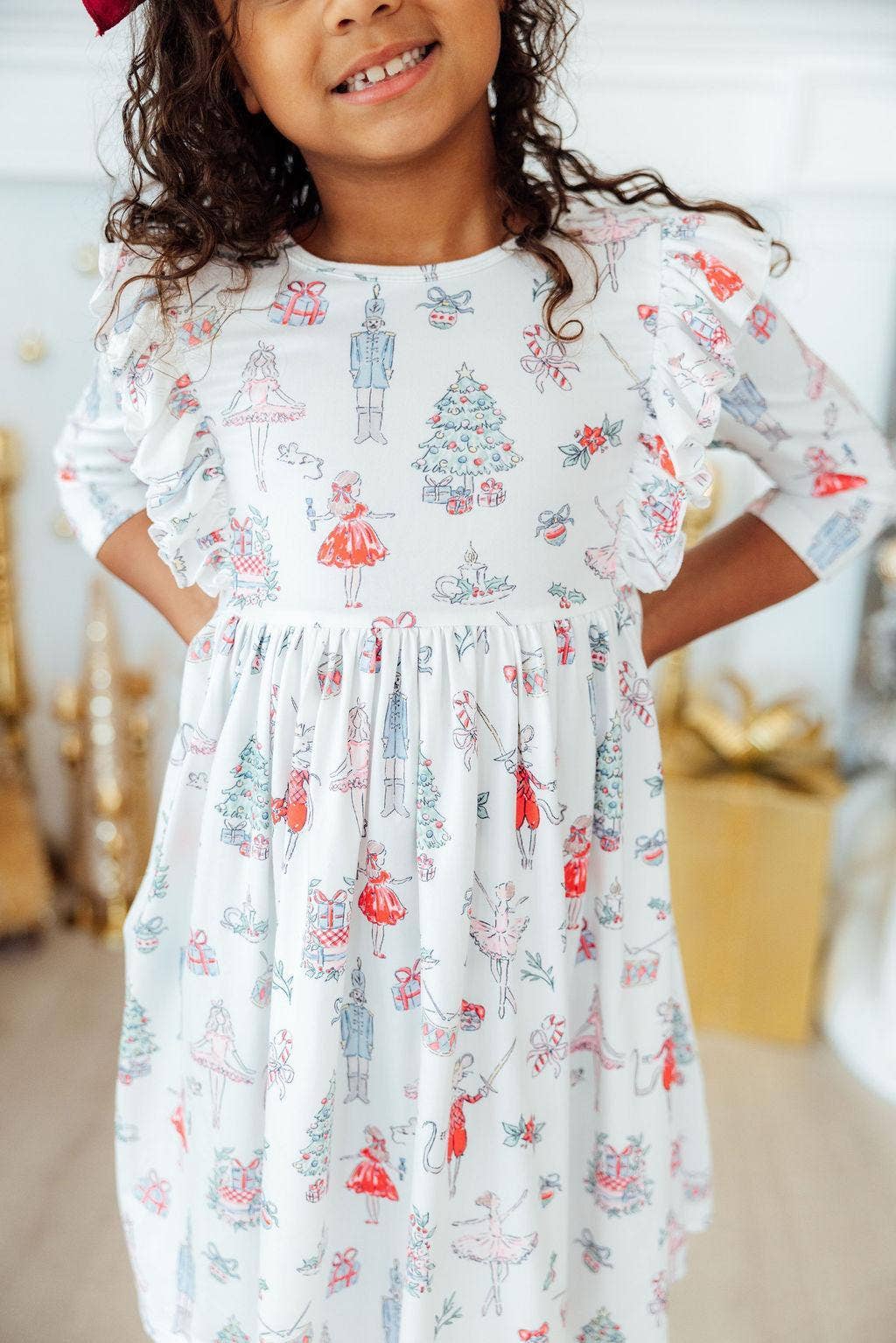 Clara's Christmas 3/4 Sleeve Ruffle Twirl Dress White