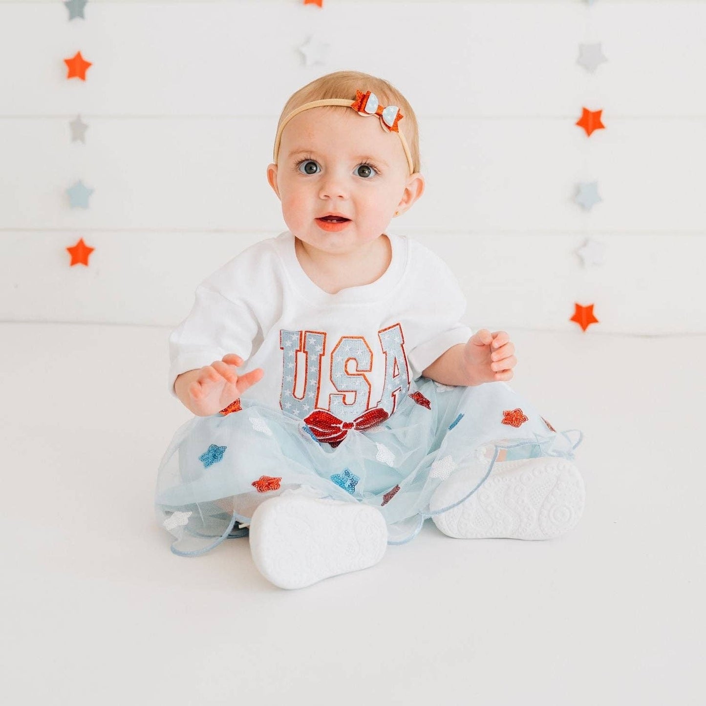 USA Stars & Bow Patch Short Sleeve Girls Romper