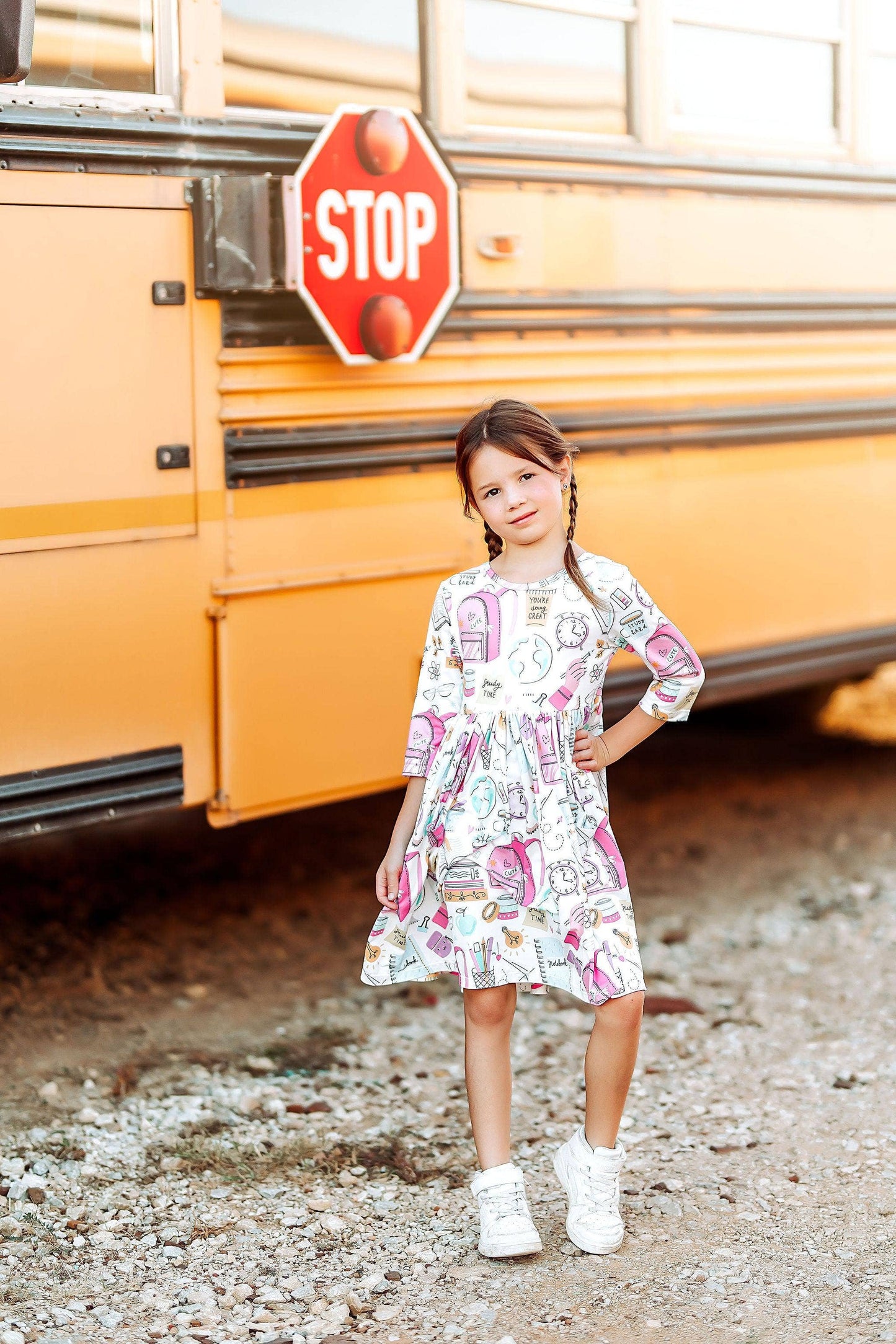 School is Cool 3/4 Sleeve Girls Pocket Twirl Dress