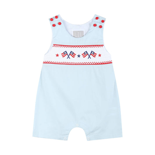 Light Blue USA Flag Smocked Boys Shortalls