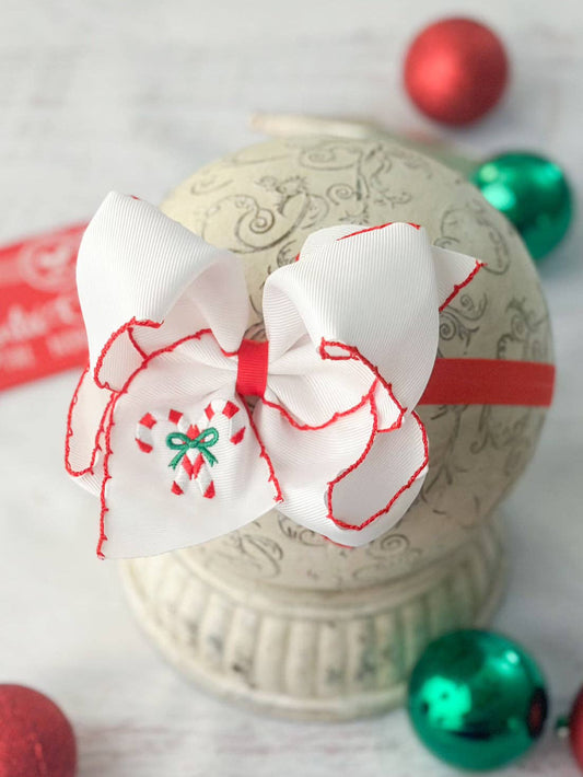 Candy Cane Embroidered Headband Bow