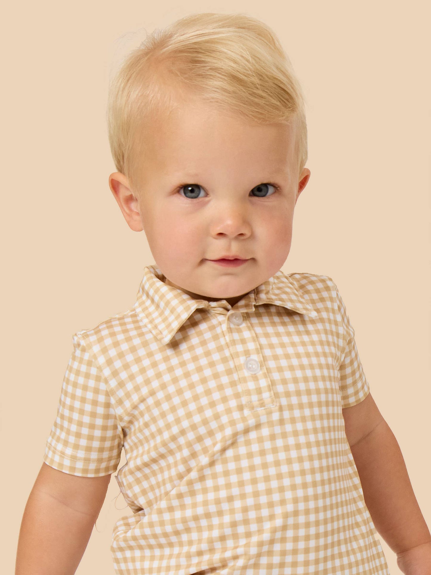 Boys Khaki Gingham Knit Short Sleeve Performance Polo