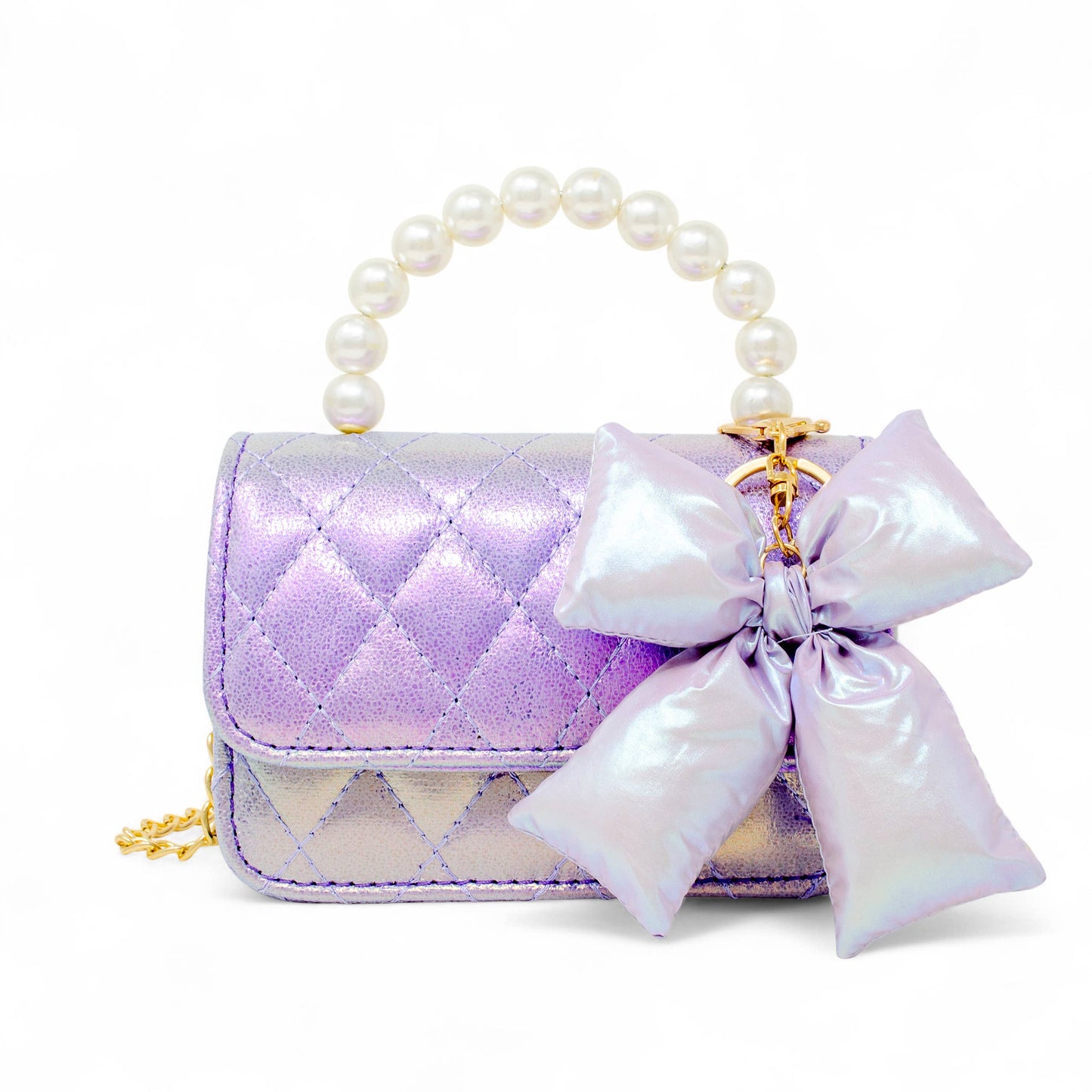 Girls Shiny Quilted Fluffy Bow Handbag: Purple