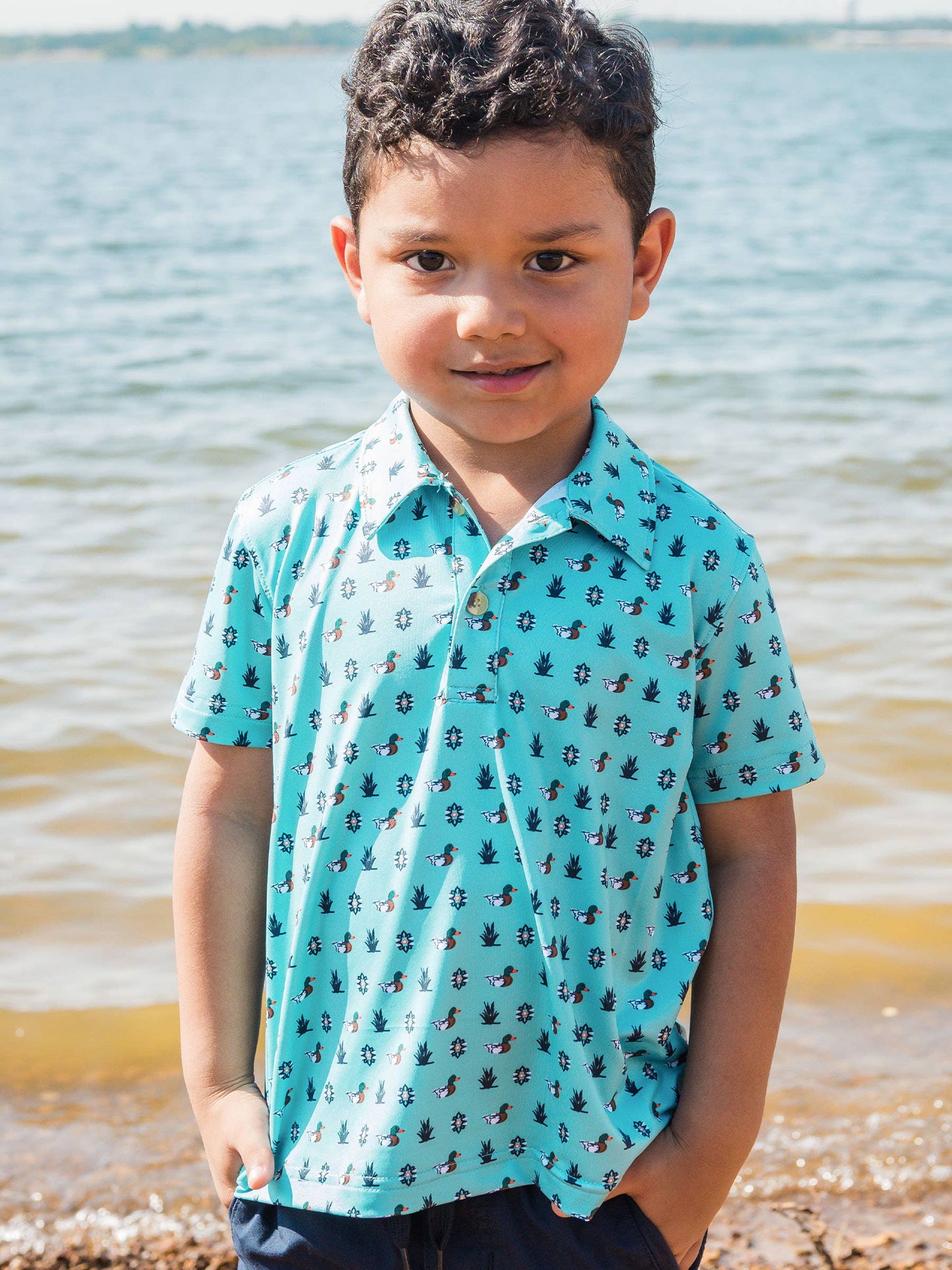 Boys Dapper Ducks Knit Short Sleeve Blue Performance Polo