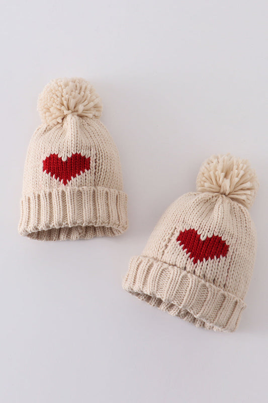 Cream Heart Hand Knit Pom Pom Beanie