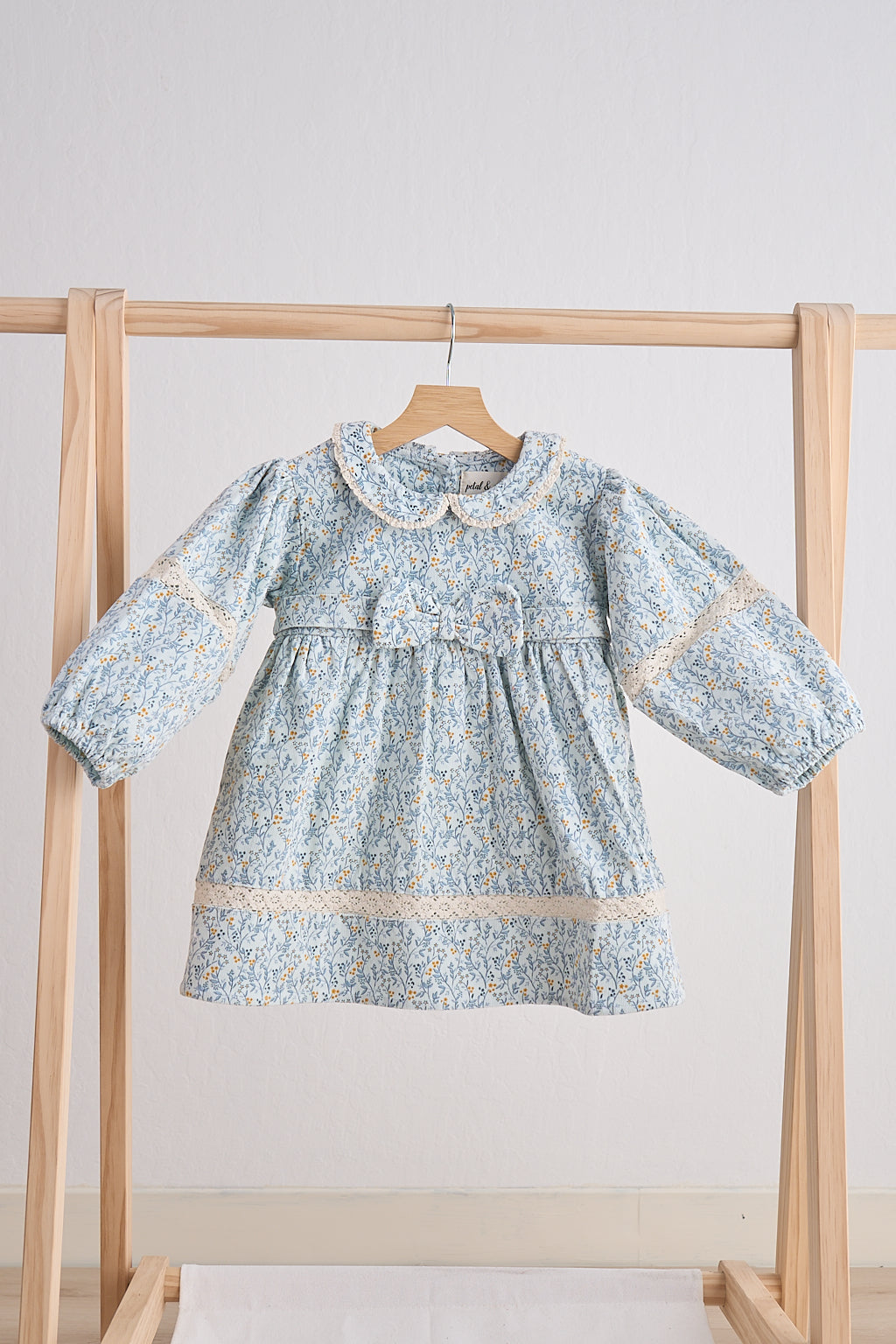 Blue Floral Corduroy and Lace Dress