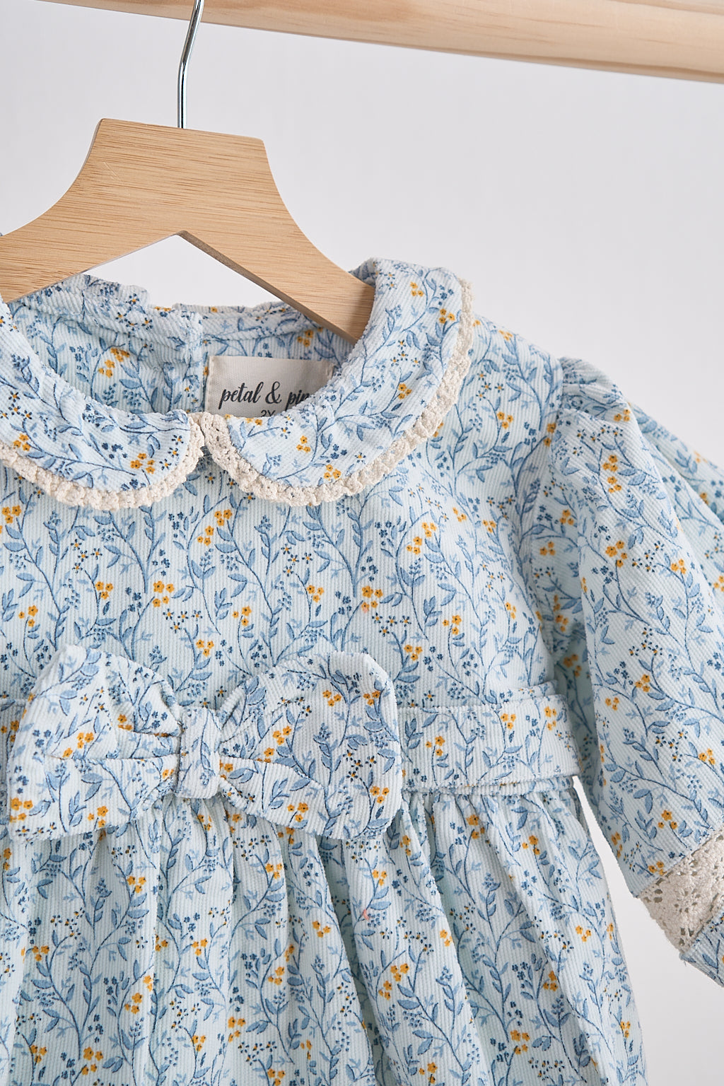 Blue Floral Corduroy and Lace Dress