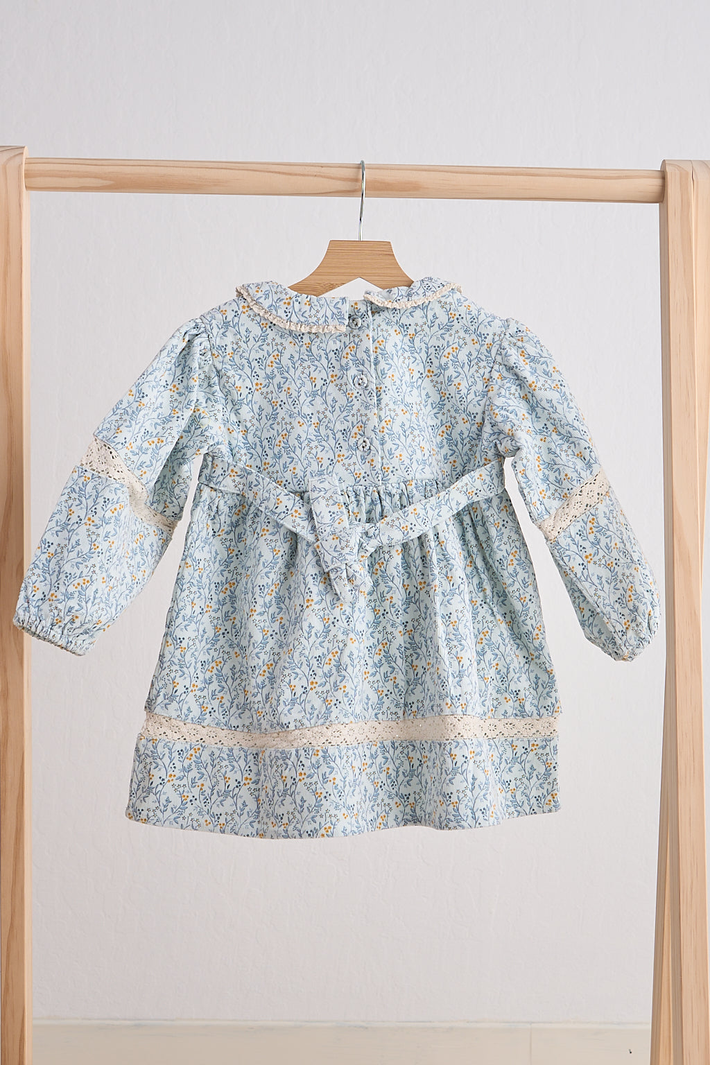 Blue Floral Corduroy and Lace Dress