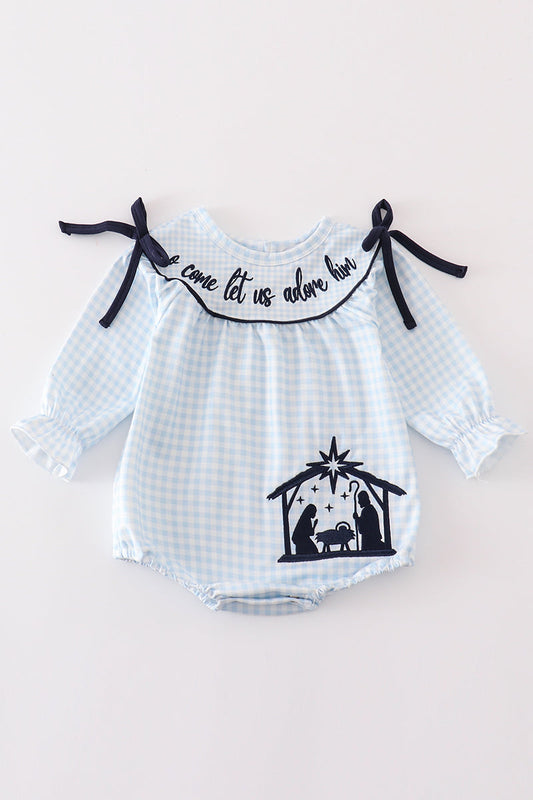 Girls Navy Nativity Embroidered Bubble Romper