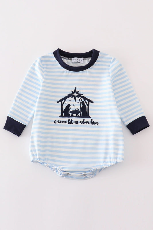 Boys Navy Embroidered Nativity Bubble Romper