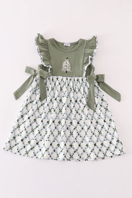 Girls Sage Green Christmas Tree Dress
