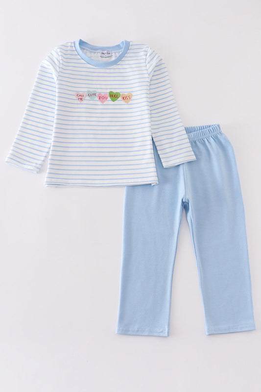 Blue Striped Embroidered Hearts Boys Pant Set