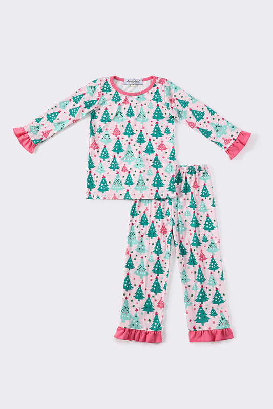 Girls Pink & Green Christmas Tree Print Pajama Set