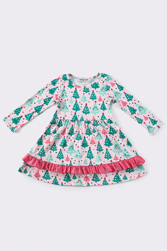 Girls Pink & Green Christmas Tree Print Ruffled Dress
