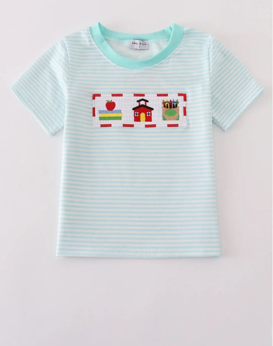 Apple Pencil Embroidered Smocked Striped Boy’s Shirt