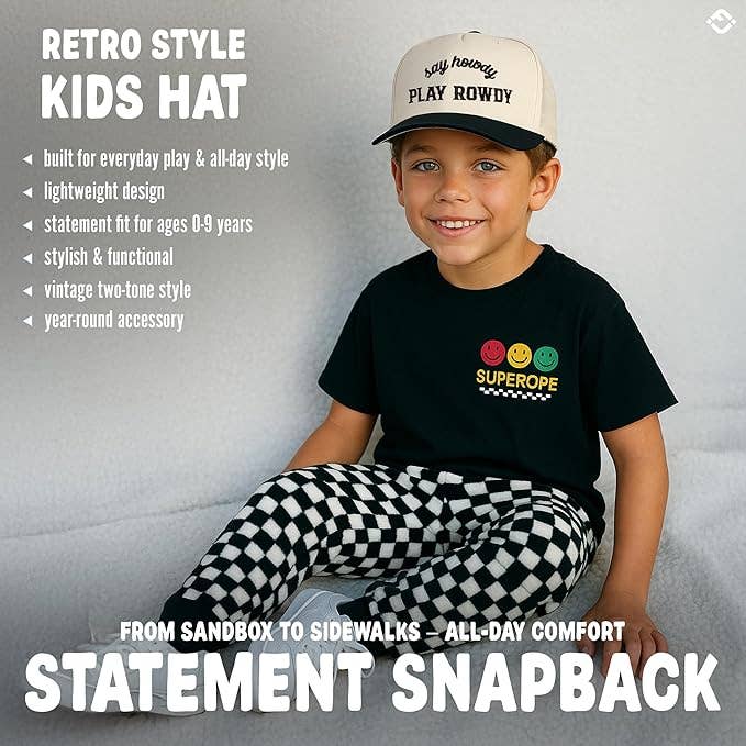 Kids Say Howdy Play Rowdy Cap- Black/Beige