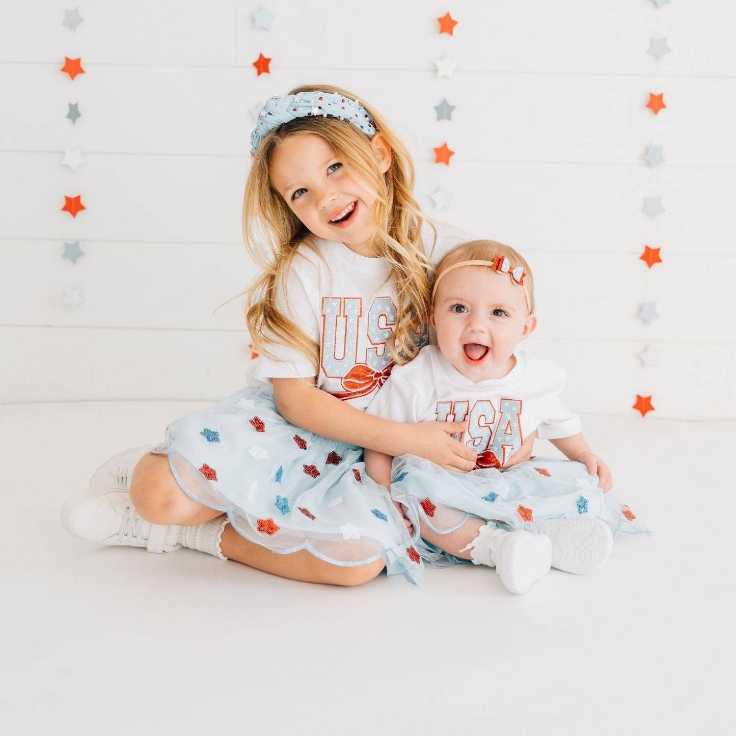 USA Stars & Bow Patch Short Sleeve Girls Romper