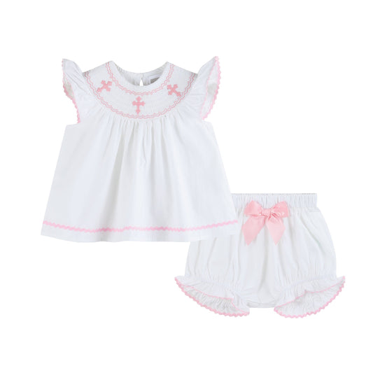 White and Pink Cross Smocked Girls Bloomer Set