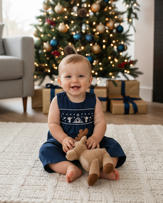 Blue Nativity Smocked Boys Overalls