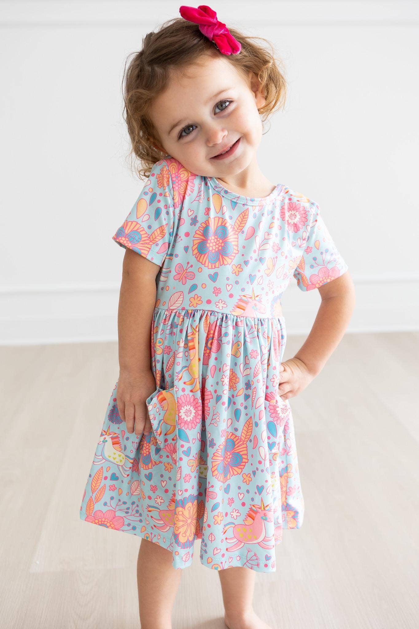 Blue and Pink Retro Unicorns Girls Pocket Twirl Dress