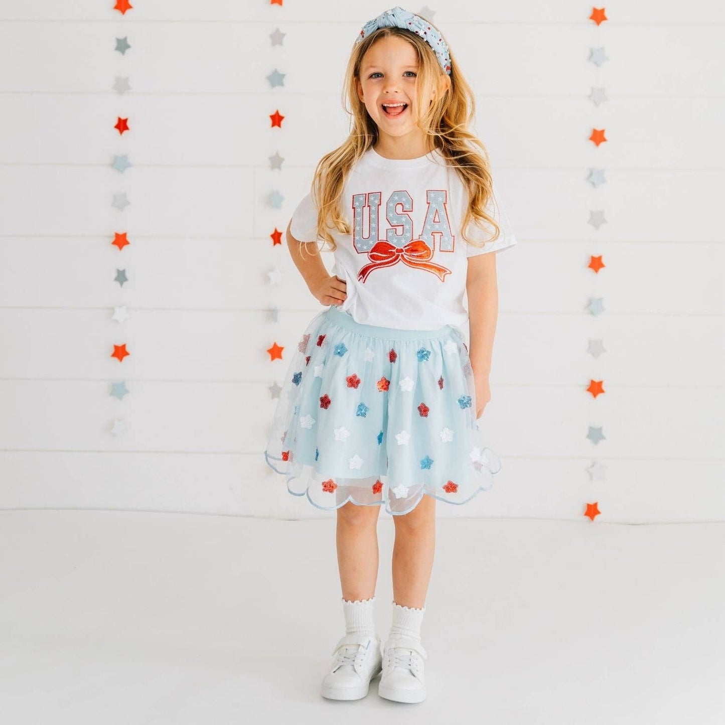 USA Stars & Bow Patch Short Sleeve Girls T-Shirt