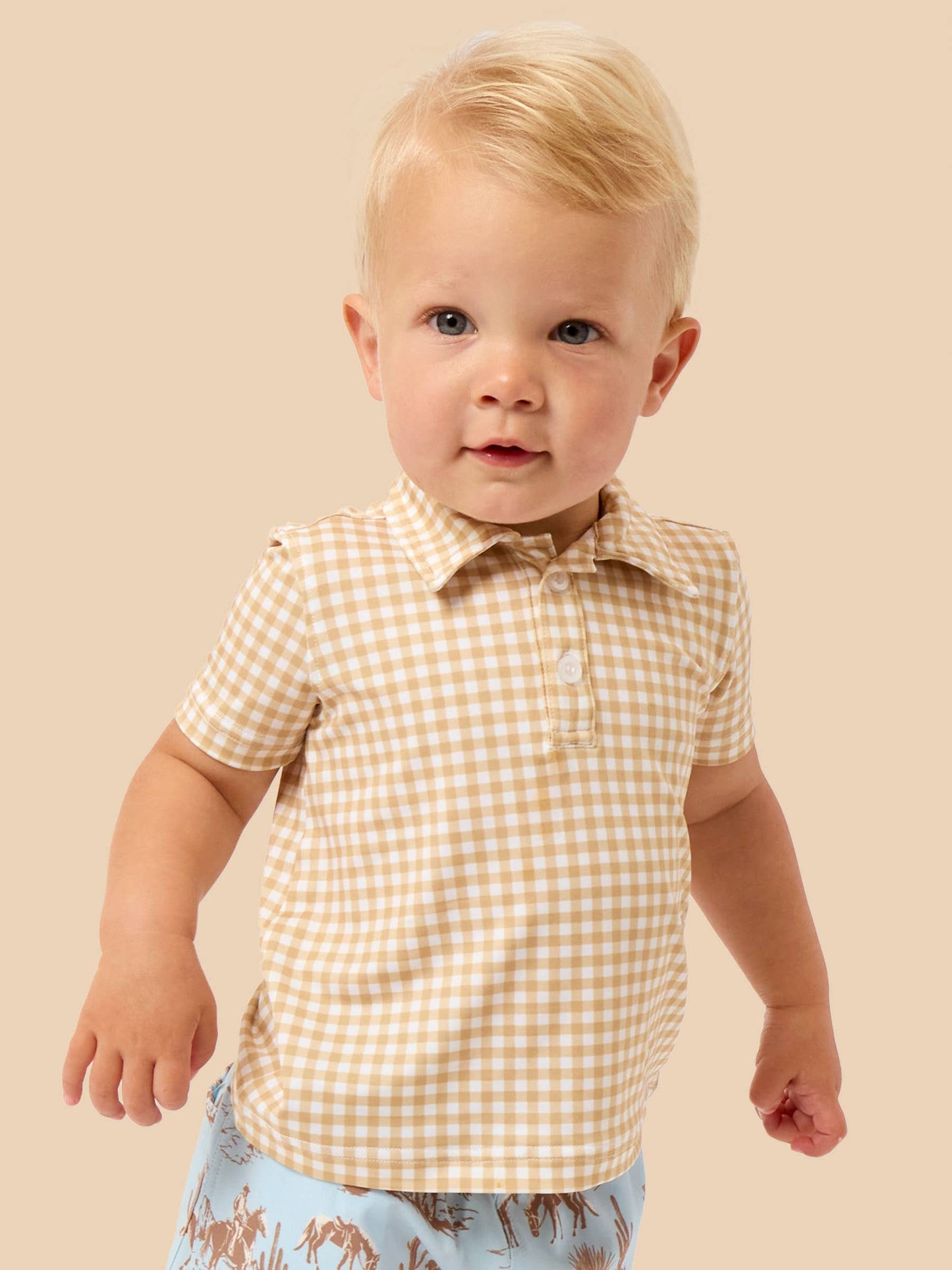 Boys Khaki Gingham Knit Short Sleeve Performance Polo