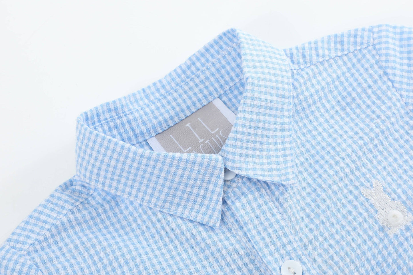 Blue Gingham Easter Bunny Boys Button Down Shirt