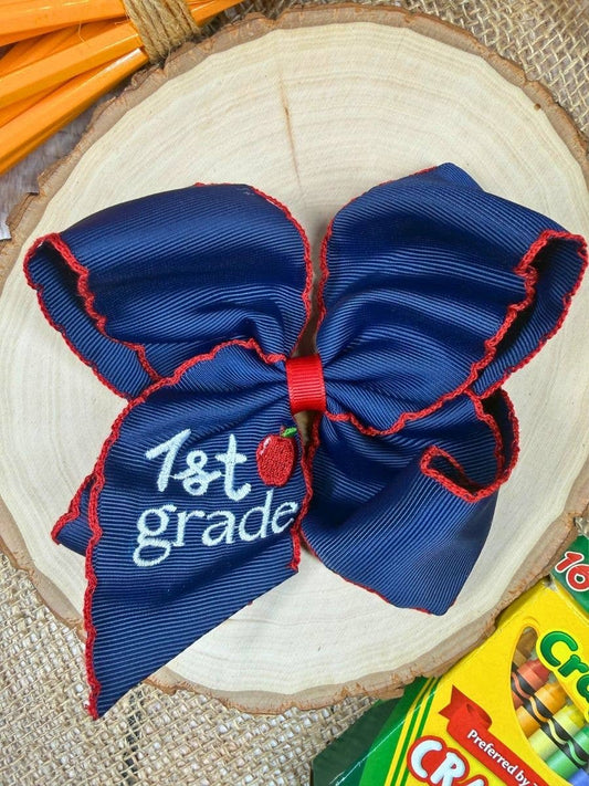 Navy First Grade Embroidered Apple Moonstitch Hair Bow: 1st Grade