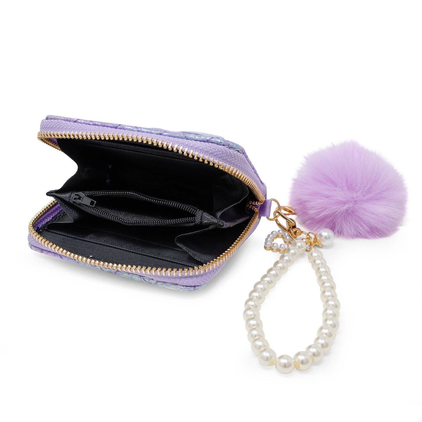 Mermaid Tail Pearl Strap Quilted Wallet with Pom-Pom: Purple