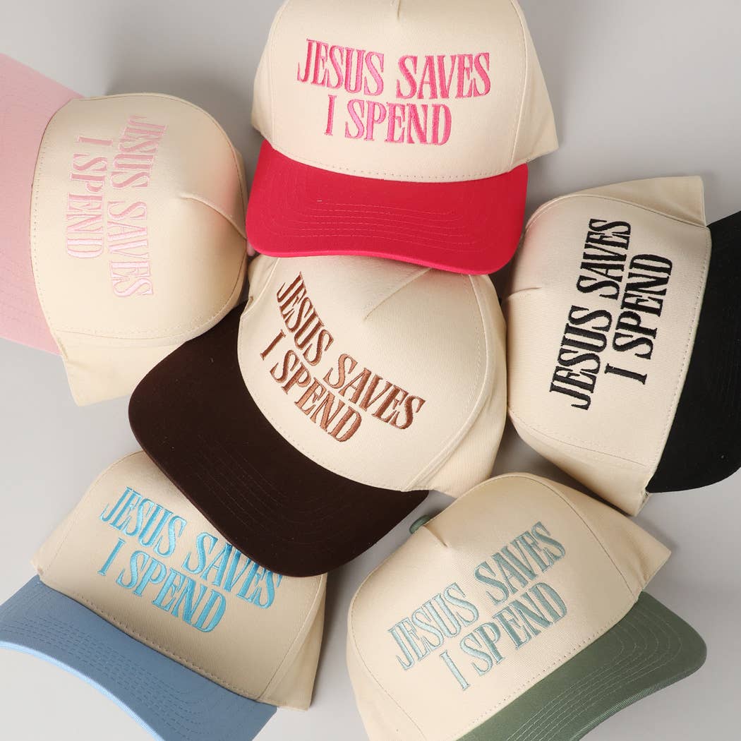 JESUS SAVES I SPEND Women's Embroidery Trucker Hat: Sage Green