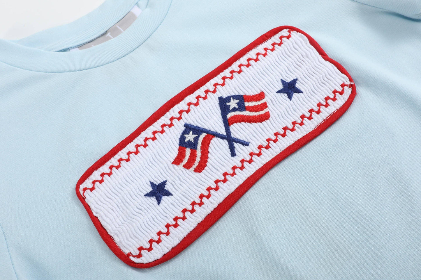 Light Blue USA Flag Smocked Boys Short Set