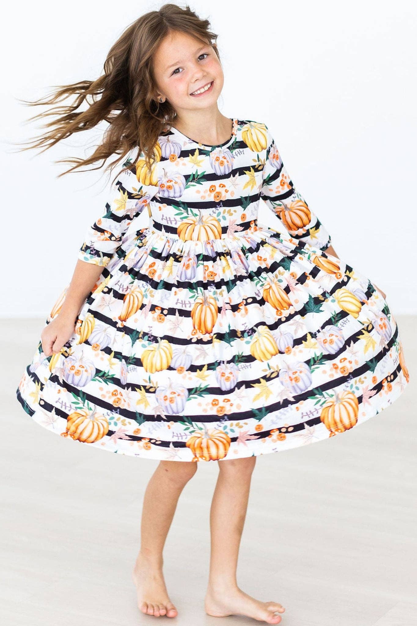 Pumpkins & Peonies 3/4 Sleeve Pocket Girls Twirl Dress