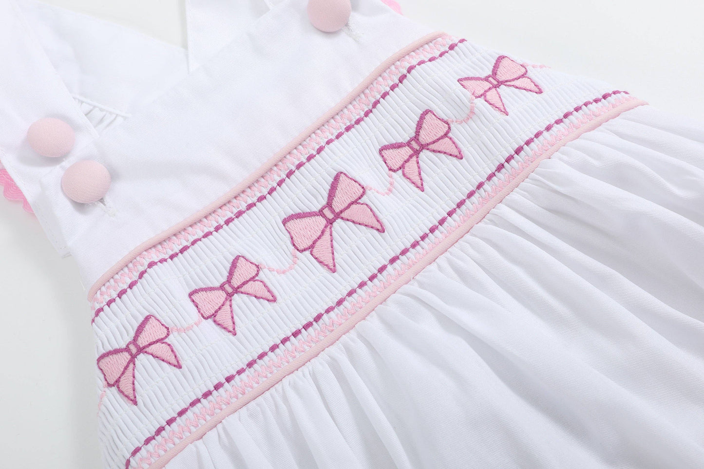 White and Pink Bows Smocked Ruffle Romper