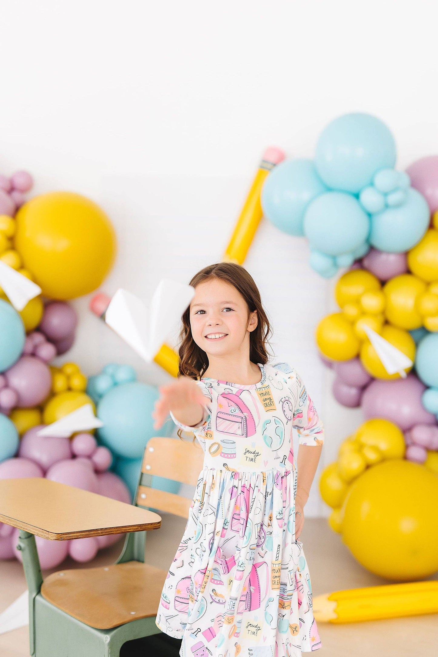 School is Cool 3/4 Sleeve Girls Pocket Twirl Dress