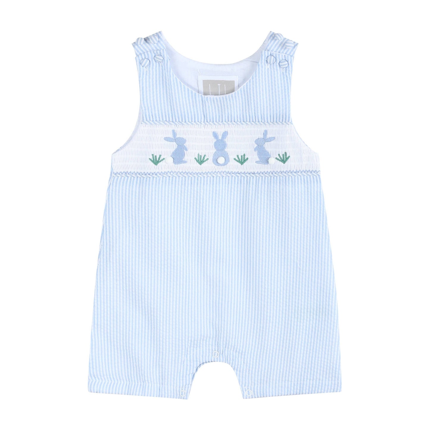 Light Blue Seersucker Easter Bunny Boys Smocked Overalls