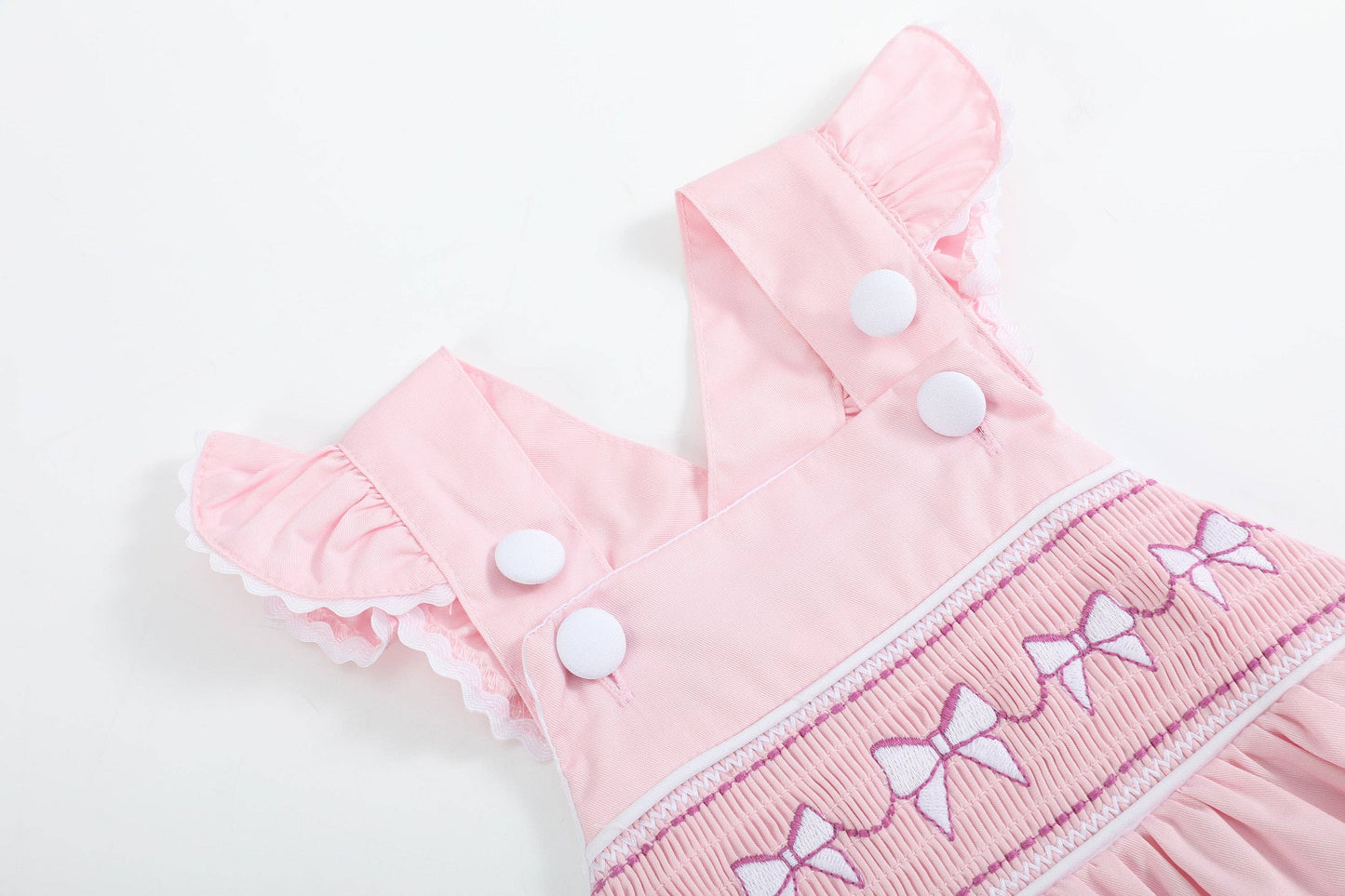 Pink and White bows Smocked Ruffle Romper