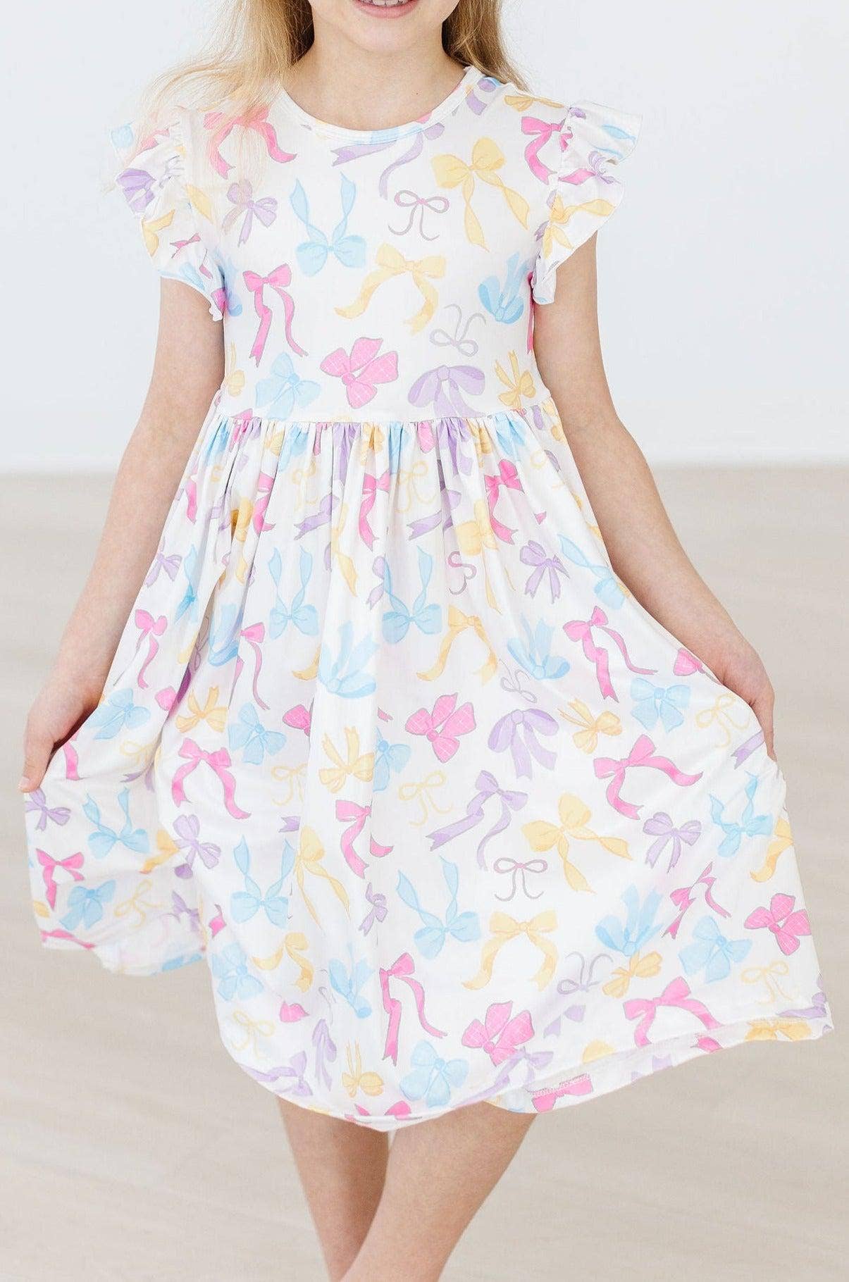 Bow-tastic Flutter Sleeve Girls Twirl Dress