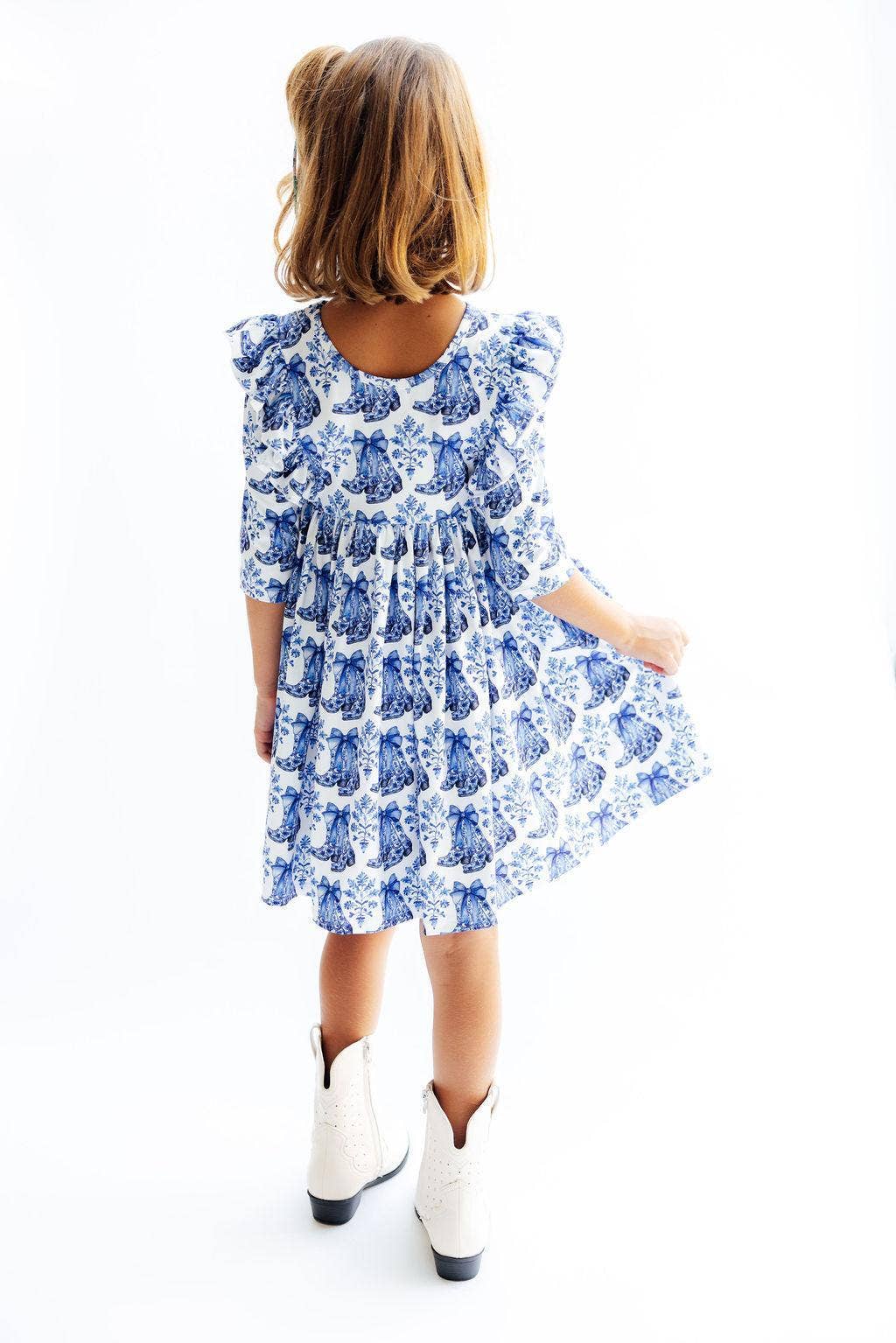 Blue Southern Belle 3/4 Sleeve Ruffle Girls Twirl Dress