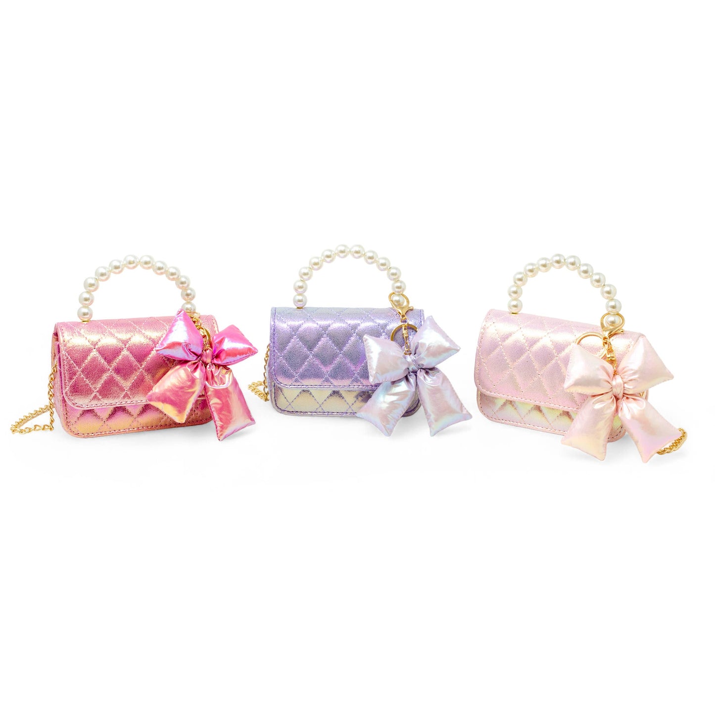 Girls Shiny Quilted Fluffy Bow Handbag: Purple