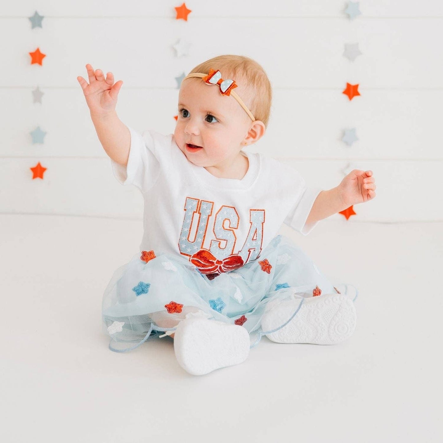 USA Stars & Bow Patch Short Sleeve Girls Romper