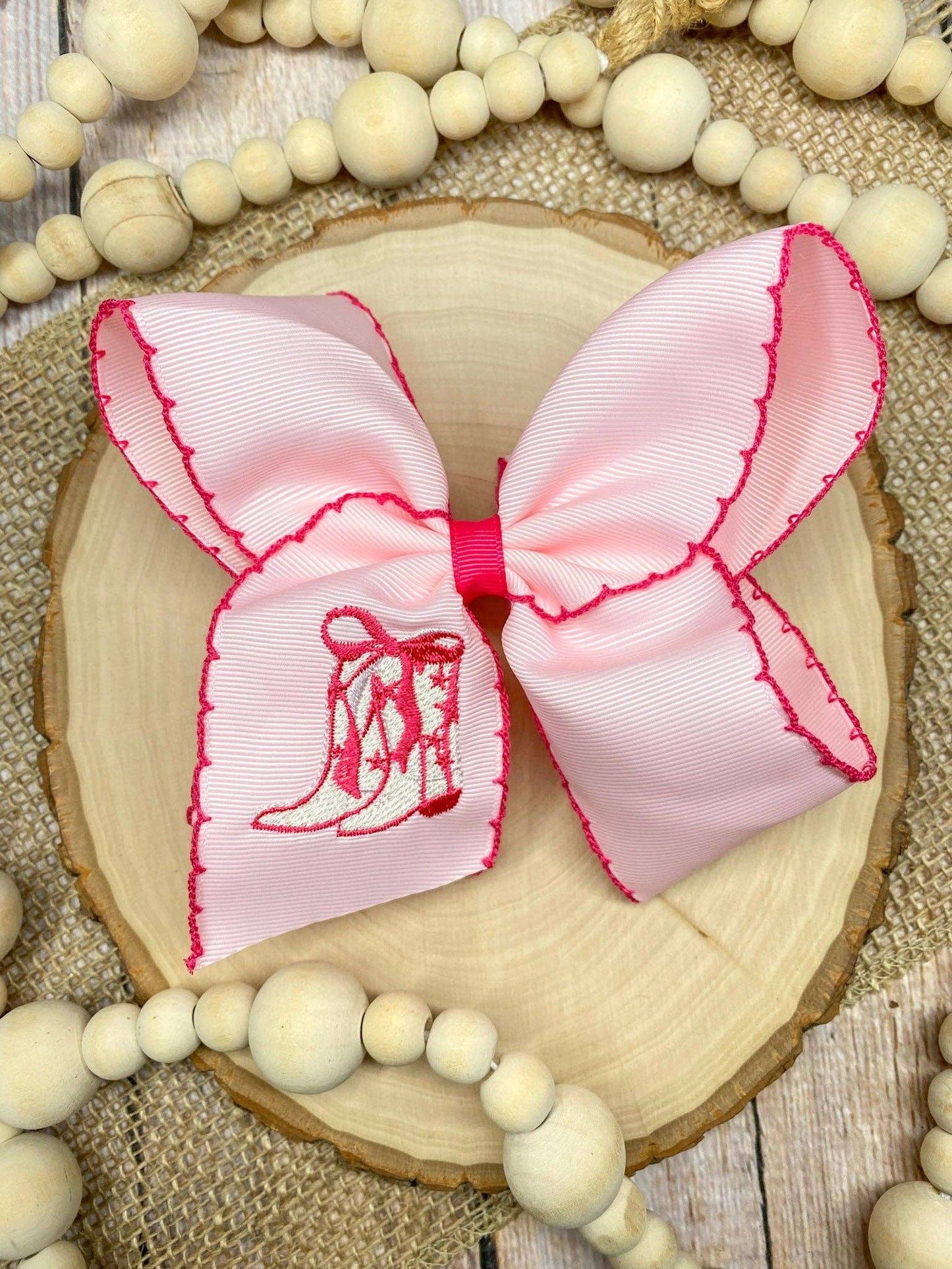 Girls Pink Western Boots Embroidered Moonstitch Hairbow