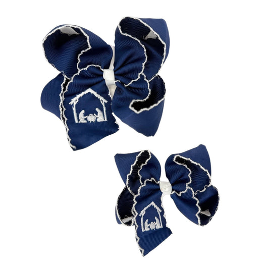 Navy Nativity Scene Moonstitch Hair Bow: 5.5 inch