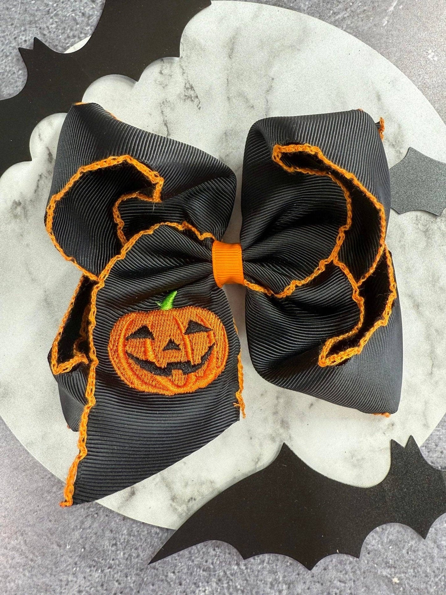 Jack-o-Lantern Embroidered Moonstitch Girls Hair Bow