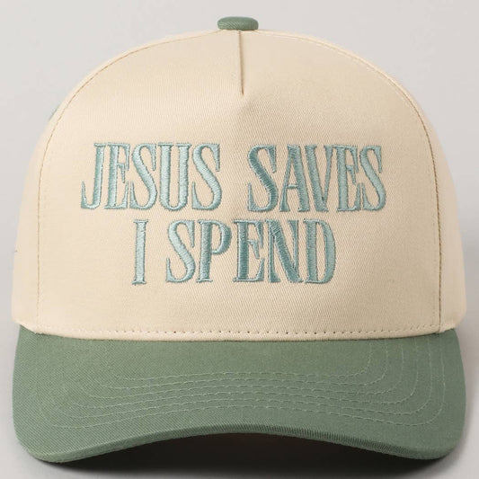 JESUS SAVES I SPEND Women's Embroidery Trucker Hat: Sage Green