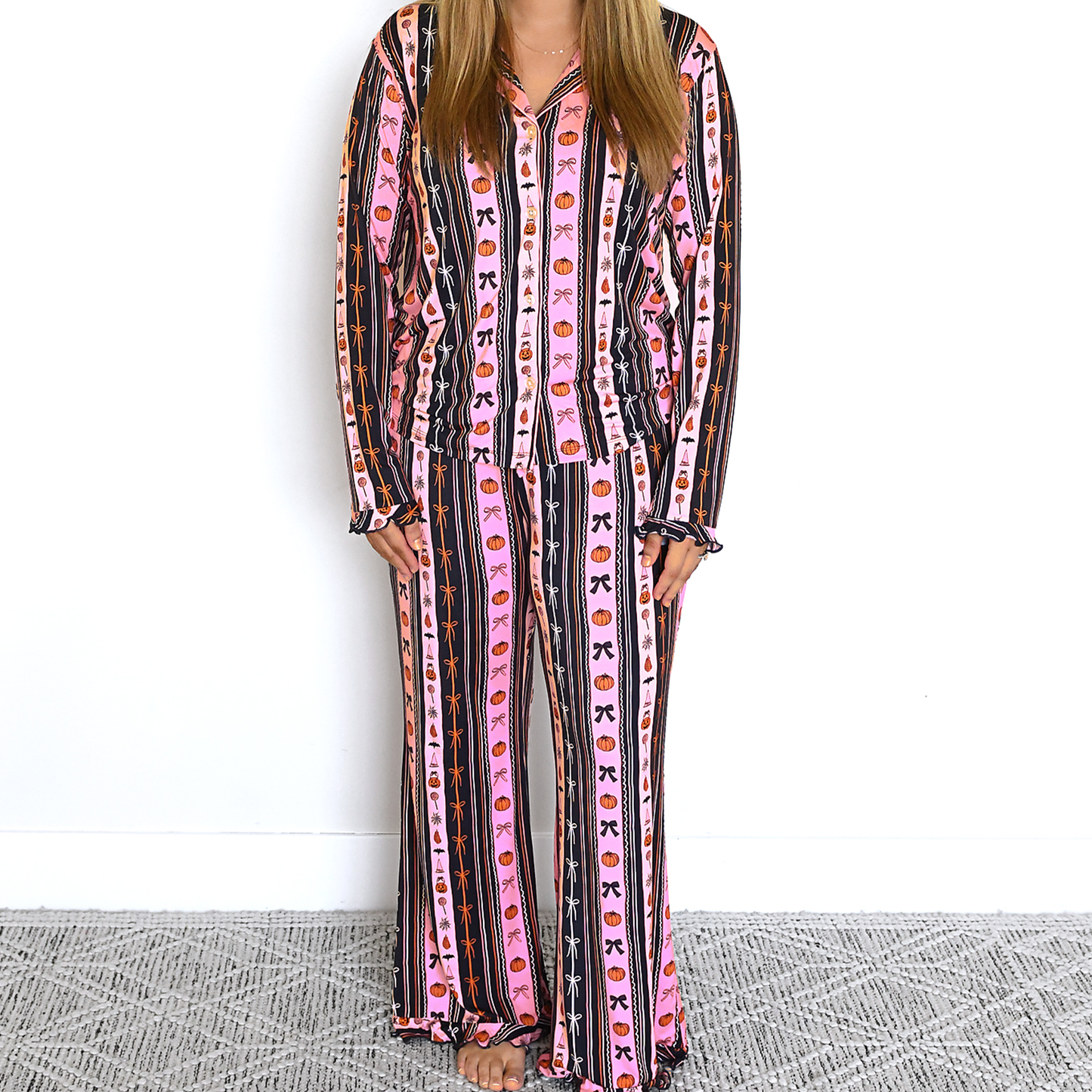 Women's Ruffle Bamboo Halloween Pumpkins Lounge Set